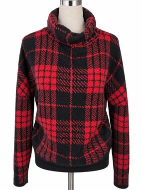 No Boundaries Juniors L Red Black Plaid Cowl Neck Sweater Buffalo Check